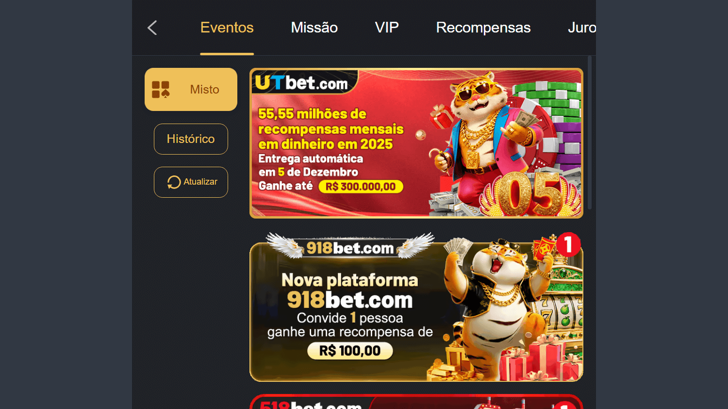 Tela promocional do utbet com ofertas e destaque visual em dourado